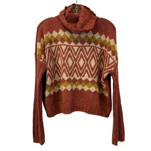 So Women’s Turtleneck Cropped Sweater Multicolor Argyle Print Long Sleeve M New